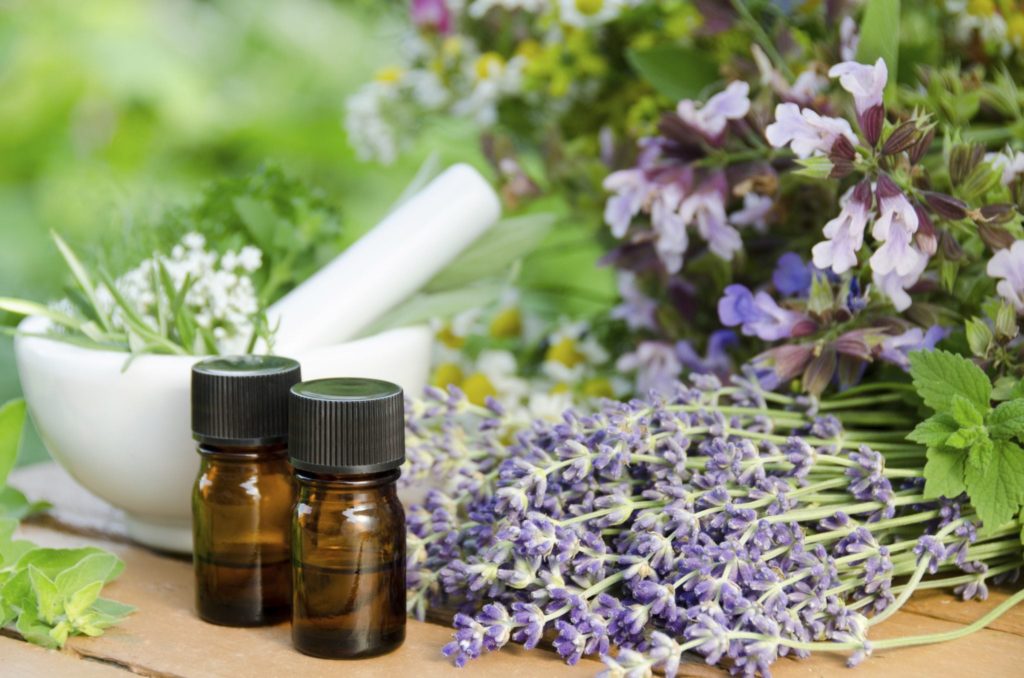 aromatherapy treatment with mortar and medicinal plants