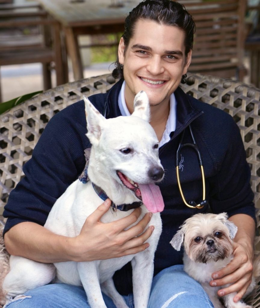 Dr Zac Pilossoph with dogs, Jolene and Blanche